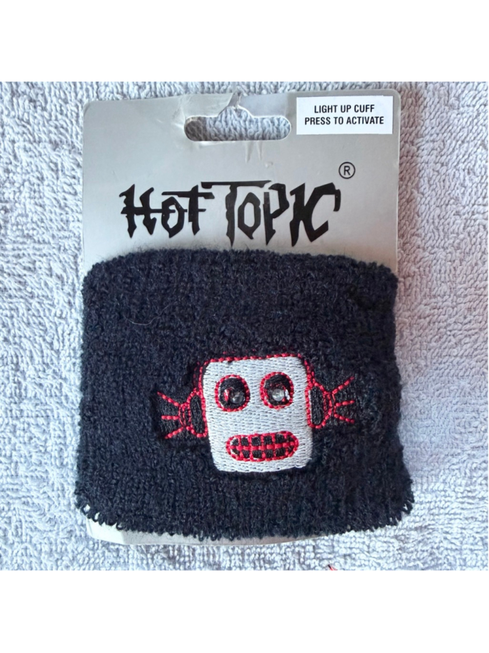 NOS Vintage Y2K Hot Topic Black Wide Wristband Embroidered Robot Face *READ*
